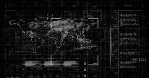 Digital image displays data analysis and earth map on a green screen with a grid Foto stock