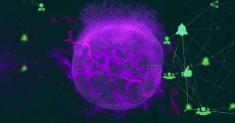 Digital image displays a global network with glowing social icons and alpha Stock Footage 329568790