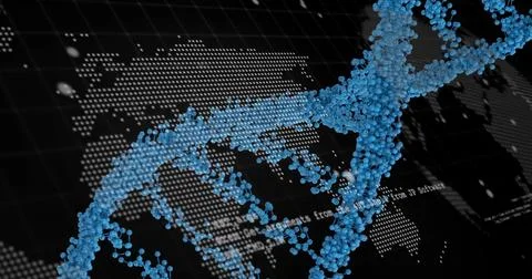 Digital image of dna structure and data processing over world map against black 스톡 사진