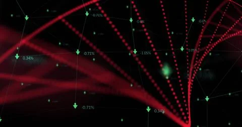 Digital image of dna structure spinning against network of connections on black 스톡 일러스트