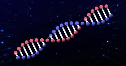 Digital image of dna structure spinning against blue shining particles on black 스톡 일러스트
