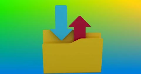Digital image of download and upload folder icon against blue and yellow 스톡 일러스트