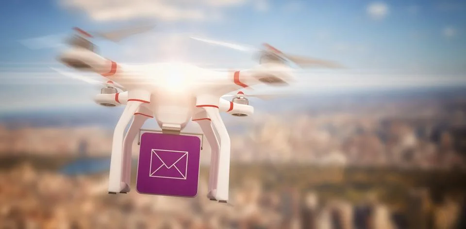 Digital image of a drone holding a cube against aerial view of new york Ilustración de archivo