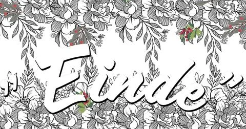 Digital image of einde text over multiple leaves icons against floral design on Ilustração Stock