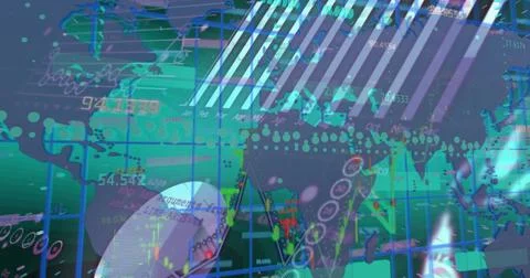 Digital image of financial and statistical data processing over world map on Stock Photos