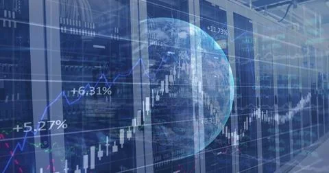 Digital image of financial data processing over computer server against globe in 스톡 일러스트