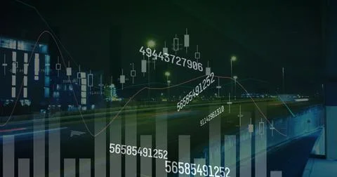 Digital image of financial data processing against night city traffic Stock Illustration