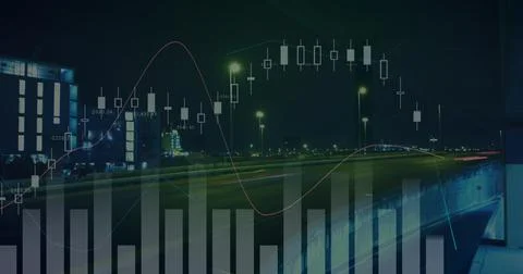 Digital image of financial data processing against night city traffic Stock Illustration