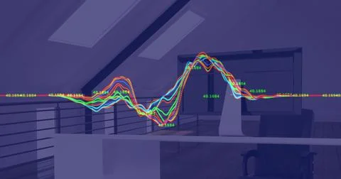 Digital image of financial data processing against 3d model of office in Stockfoto's