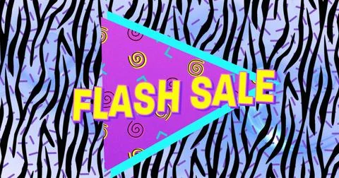 Digital image of flash sale text on purple banner over zebra stripes pattern on Stock Illustration