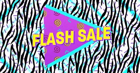 Digital image of flash sale text on purple banner over zebra stripes pattern on Illustrazione stock