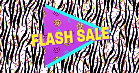 Digital image of flash sale text on purple banner over zebra stripes pattern on Stock Illustration