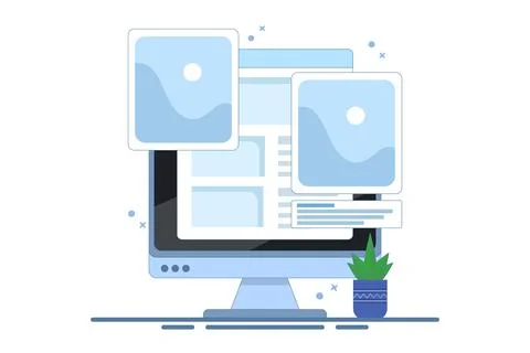 Digital image gallery concept. watch photo album online using laptop computer. Stock Illustration