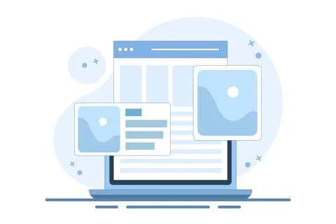 Digital image gallery concept. watch photo album online using laptop computer. Stock Illustration