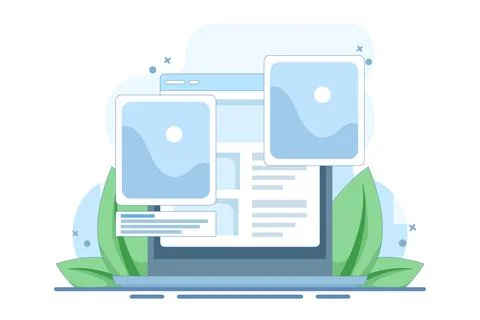 Digital image gallery concept. watch photo album online using laptop computer. Stock Illustration