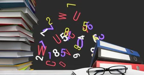 Digital image of glasses and stack if books against multiple numbers and Stock Illustration