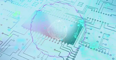 Digital image of globe of digital icons spinning against microprocessor Stock-Illustration
