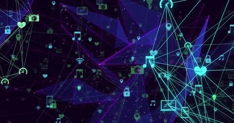 Digital image of globe of digital icons spinning against plexus networks on Stock Photos
