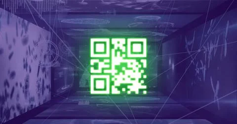 Digital image of glowing qr code against glowing neon blue tunnel on black Foto stock