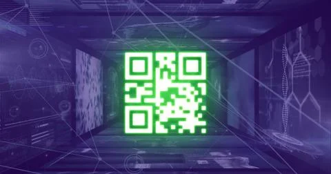 Digital image of glowing qr code against glowing neon blue tunnel on black Stock Photos