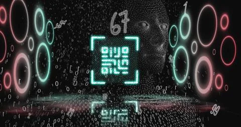 Digital image of glowing qr code against rows of using laptop qr code on black 库存照片