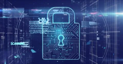 Digital image of glowing security padlock icon and data processing against blue Stock Illustration