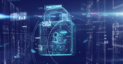 Digital image of glowing security padlock icon and data processing against blue 库存插图