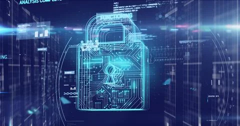 Digital image of glowing security padlock icon and data processing against blue 스톡 사진