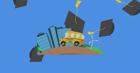 Digital image of graduation hat icons falling over school bus icon against blue イラスト素材