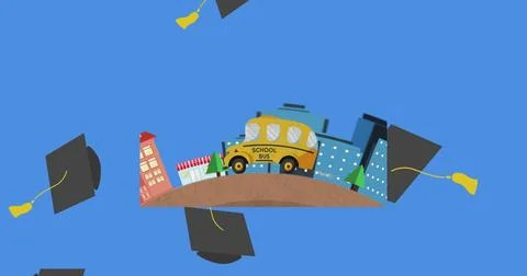 Digital image of graduation hat icons falling over school bus icon against blue イラスト素材