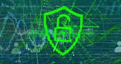 Digital image of graphical padlock with shield and lines moving against business Illustrazione stock