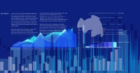 Digital image of graphs and statistical data processing against blue background Stock Illustration