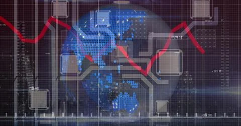 Digital image of graphs moving and data processing against microprocessor Stock Photos