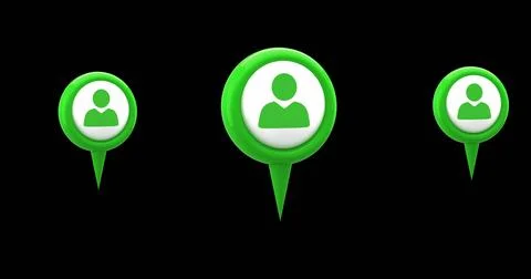 Digital image of green map pins with profile icon in the middle hovering against 写真素材