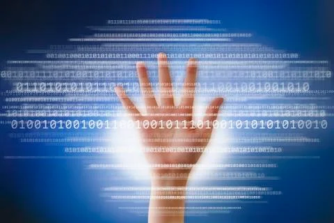 Digital image of hand and binary digits Stockillustratie