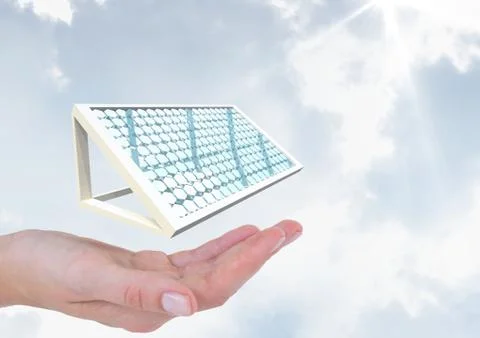 Digital image of hand with solar panel against sky Stock Photos
