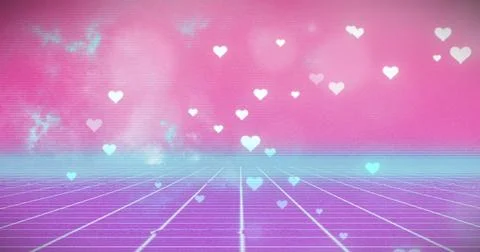 Digital image of heart shapes falling on grid pattern against pink and blue.. Stock Photos