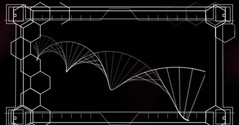 Digital image of hexagonal shapes forming against dna structure spinning on.. 스톡 사진