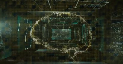 Digital image of human brain spinning against screens with mathematical equation Ilustración de archivo