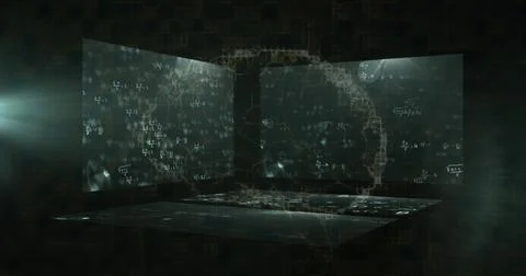 Digital image of human brain spinning against screens with mathematical equation Stock Illustration