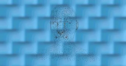 Digital image of human face model spinning against textured pattern on blue Stock Illustration