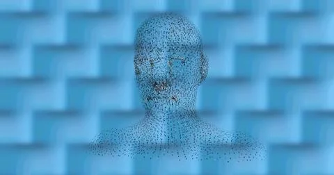 Digital image of human face model spinning against textured pattern on blue Stock Illustration