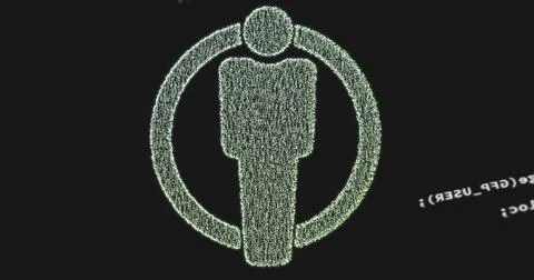 Digital image of human icon against data processing on black background Illustrazione stock