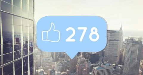 Digital image of a like icon with increasing numbers inside a blue chat box on a Stock Photos