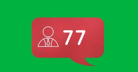 Digital image of increasing numbers and follow icon inside a red chat box on a Foto stock