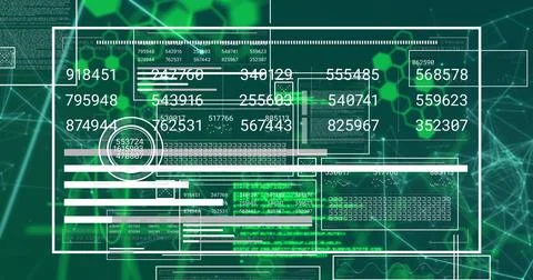 Digital image of interface with changing numbers and graphs over computer Stock Photos