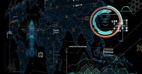 Digital image of interface with data processing over world map against black Stock Photos