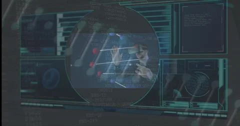 Digital image of interface with data processing over caucasian man wearing vr Stock Photos