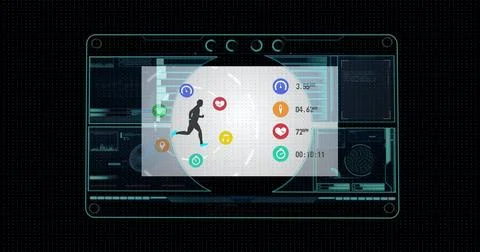 Digital image of interface with data processing against black background 스톡 사진