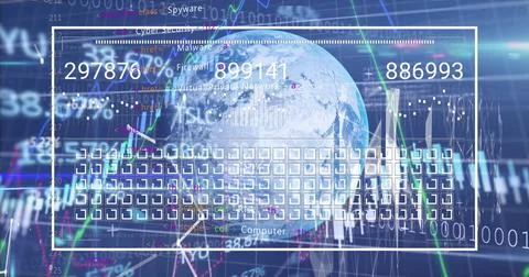 Digital image of interface with squares and numbers moving over globe against Stock Photos